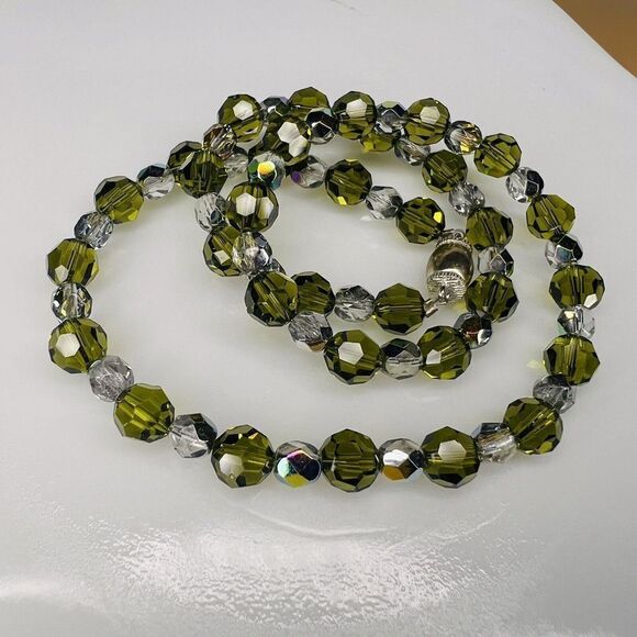 Vintage Art Glass Necklace Crystal Olive Green Clear AB Sterling Silver 4722 - Picture 7 of 13
